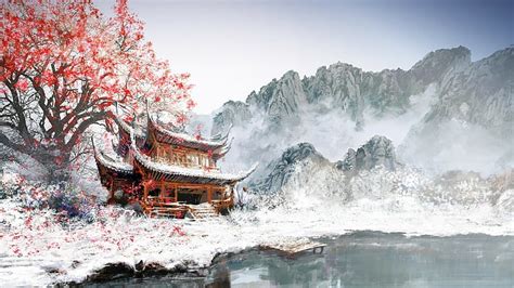 HD wallpaper: painting japan winter white snow mountain cherry blossom ...