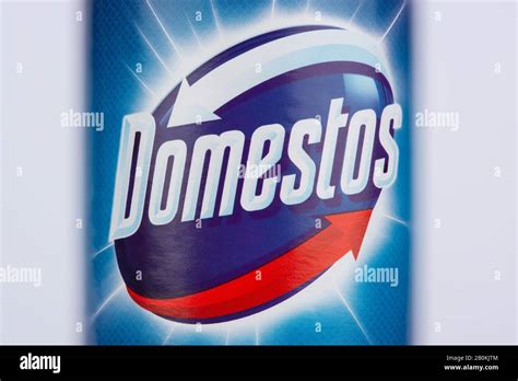 A close up of the Domestos logo as seem on a Domestos bleach bottle ...