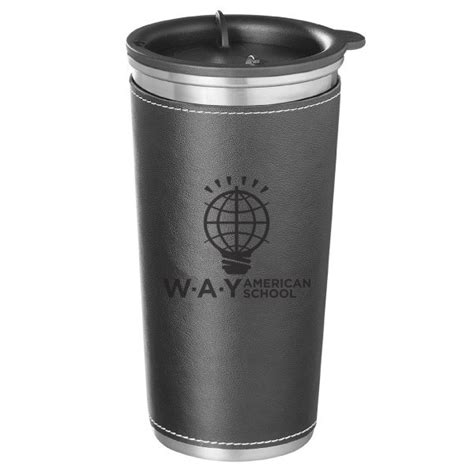 Promotional Engraved Black Leatherette Travel Mug | Custom Travel Mugs