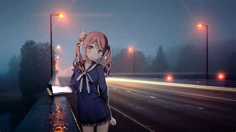 Wallpaper Lofi Kantoku, School Uniform, Road, Night, Street Light Lo-fi ...