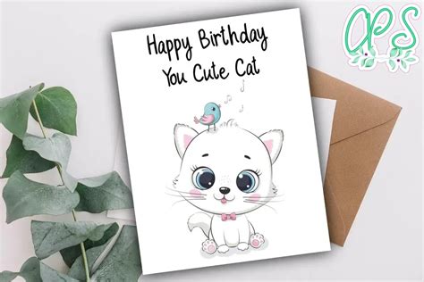 Cute Cat Birthday Card Instant | CustomPartyShirts