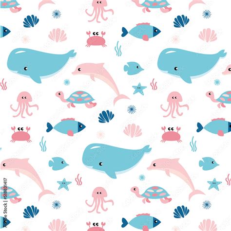 Sea life marine fish and animals flat cartoon illustration template ...