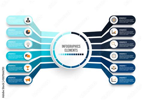 Vector infographic template with 3D paper label, integrated circles. Business concept with 12 ...