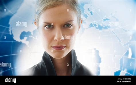 Portrait of businesswoman with world map in background Stock Photo - Alamy