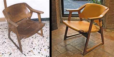 Rolf Hesland “Fox” chair in natural leather and wood - before and after - Dario Alfonsi