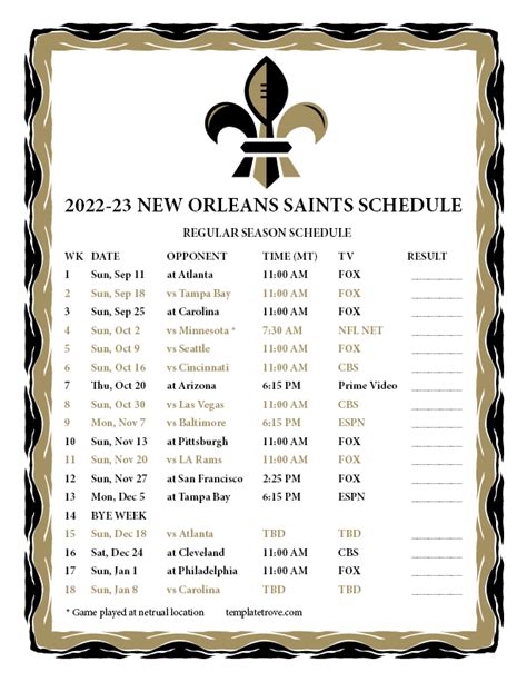 Printable 2022-2023 New Orleans Saints Schedule