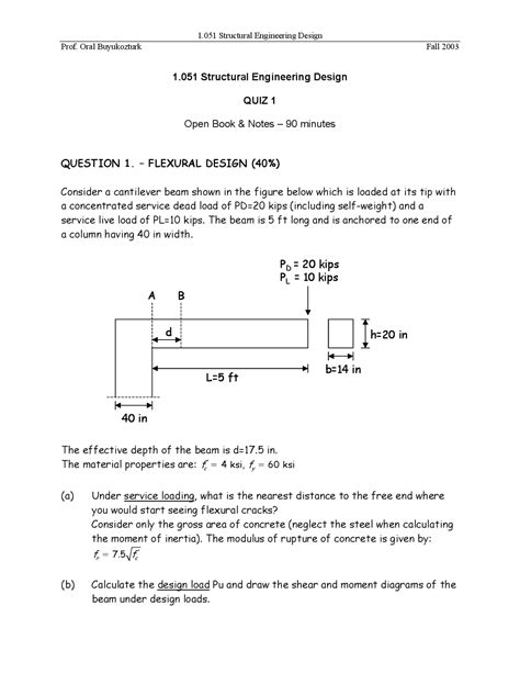 Structural Engineering Design quiz - Fall 2003 | Exams Structural ...