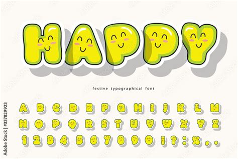 Kawaii bubble font with funny smiling faces. Cute cartoon alphabet. For ...