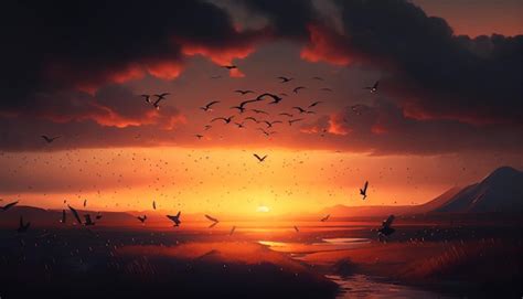 Premium AI Image | A sunset with birds flying in the sky