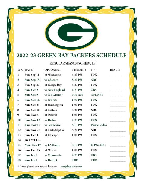 Printable 2022-2023 Green Bay Packers Schedule