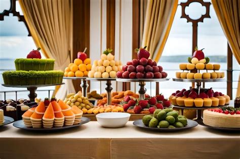 Premium Photo | A table of fruit and desserts with a tray of fruit on it