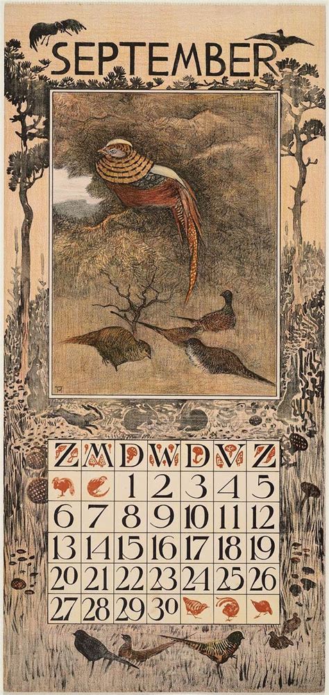 Pheasants in Autumn Woods (September calendar page 1903) by Theodorus van Hoytema (1863–1917 ...