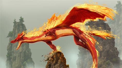 Burning dragon flying above the rocks wallpaper - Fantasy wallpapers - #52374