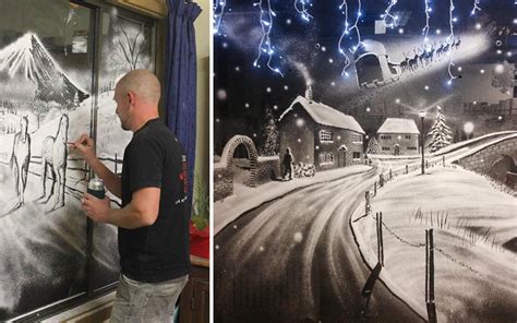 Artist Uses Snow Spray To Create Incredible Winter Scenes On Window Panes