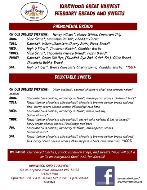 Menu at Great Harvest Bread Company restaurant, Kirkwood