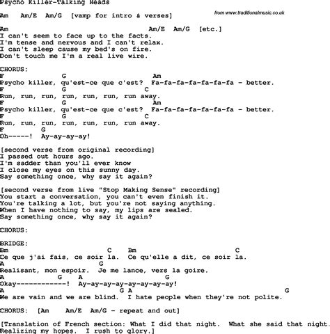 Protest song: Psycho Killer-Talking Heads lyrics and chords"