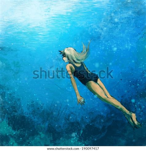 Woman Swimming Underwater Rough Painting Illustration Stock Illustration 190097417