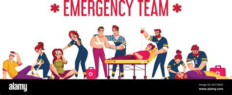 Emergency cartoon concept with first aid team rescuing accident victims vector illustration ...