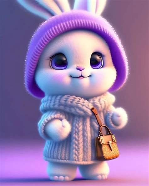 a cartoon bunny holding a handbag and wearing a purple knitted hat with ...