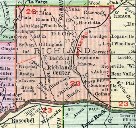 Richland County, Wisconsin, map, 1912, Richland Center, Viola, Cazenovia, Bloom City, Sylvan ...