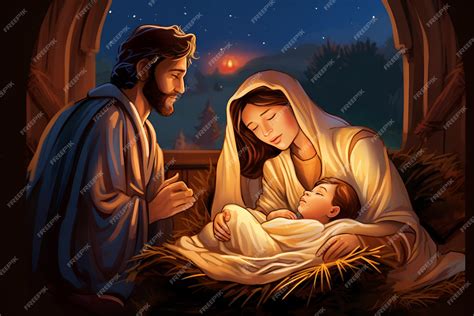 Premium Photo | An illustrated scene of Mary Joseph and baby Jesus in the manger portraying the ...