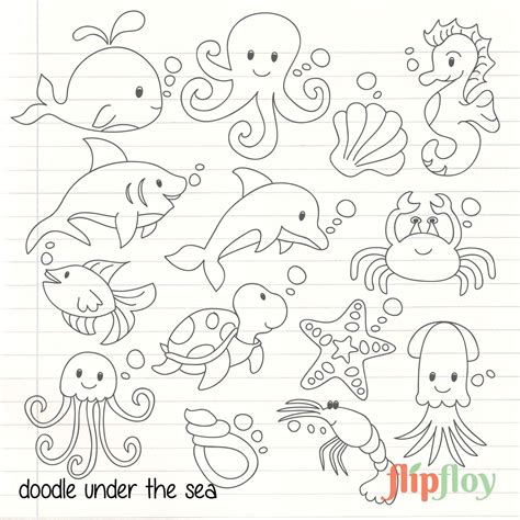 Doodle Cute Under the Sea Animal Instant Download 14 | Etsy | Sea animals drawings, Animal ...