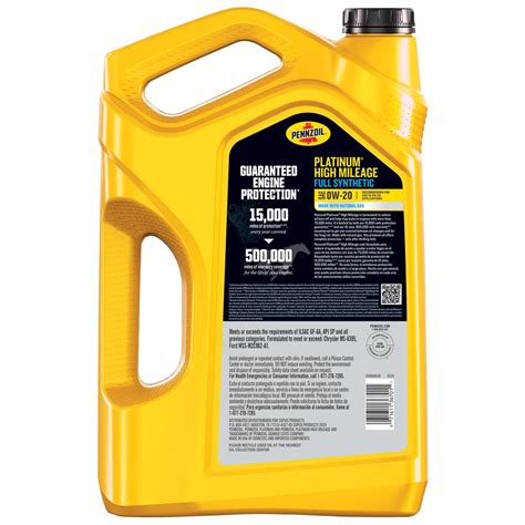 Pennzoil Platinum Engine Oil High Mileage Full Synthetic 0W-20 5 Quart