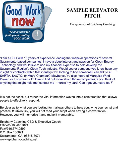 Free Elevator Pitch Examples - doc | 370KB | 1 Page(s)