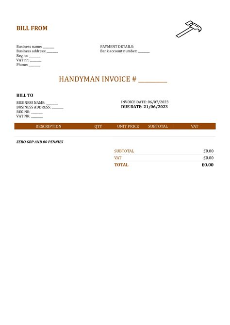 Blank Handyman Invoice Template UK Word / Google docs