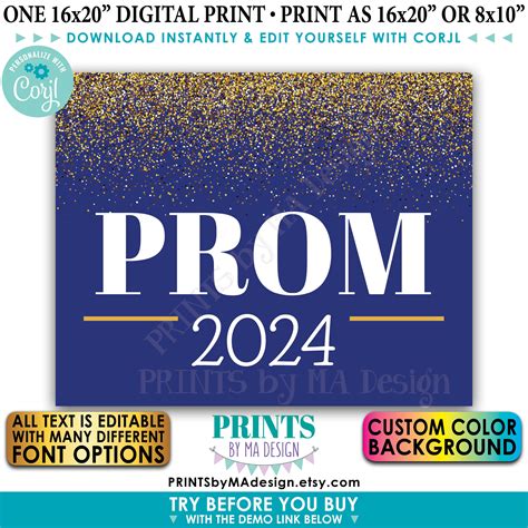 Prom Sign, High School Prom Decorations, Custom Text & Background Color, Gold Glitter, PRINTABLE ...