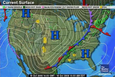 Below is the surface weather map for October 16, 2008. The white contours are isobars of sea ...