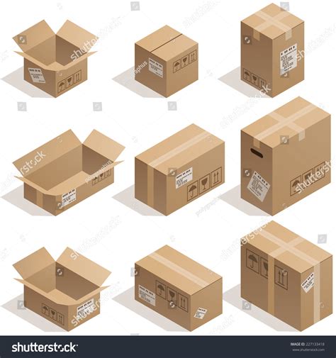 Set Of Nine Isometric Cardboard Boxes Isolated On White. Eps8. Cmyk ...