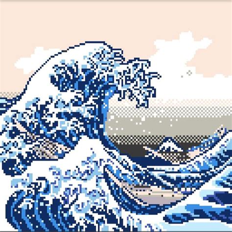 the great wave pixellated in blue and white