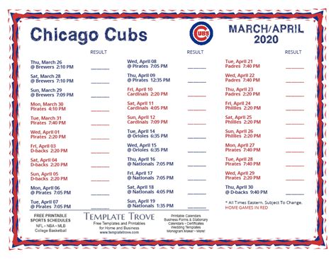 Chicago Cubs Printable Schedule