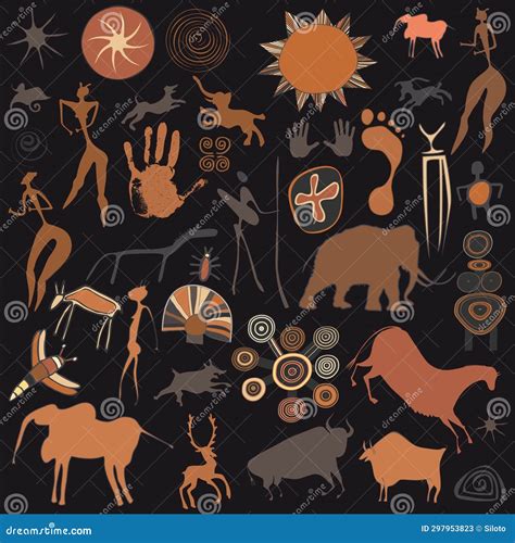 Cave Paintings - Figures, Animals And Symbols In The Style Of Cave Paintings Cartoon Vector ...