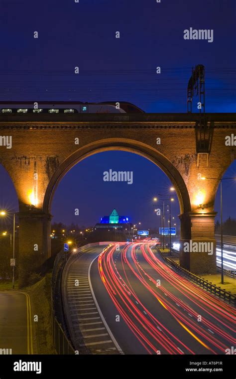 M60 Motorway, Stockport Pyramid and Viaduct at night. Stockport ...