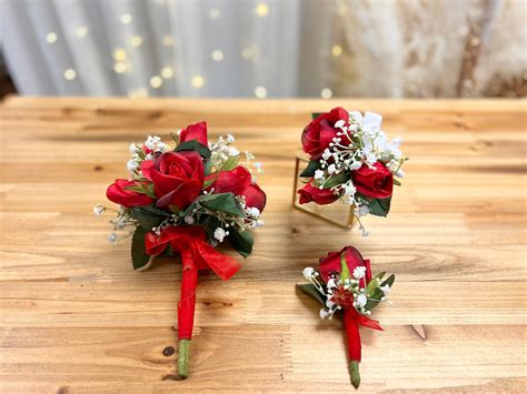 Red Prom Corsage and Boutonniere Set Handheld Bouquets for - Etsy