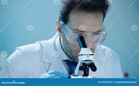 Scientist in Goggles and while Coat Stock Image - Image of technology ...