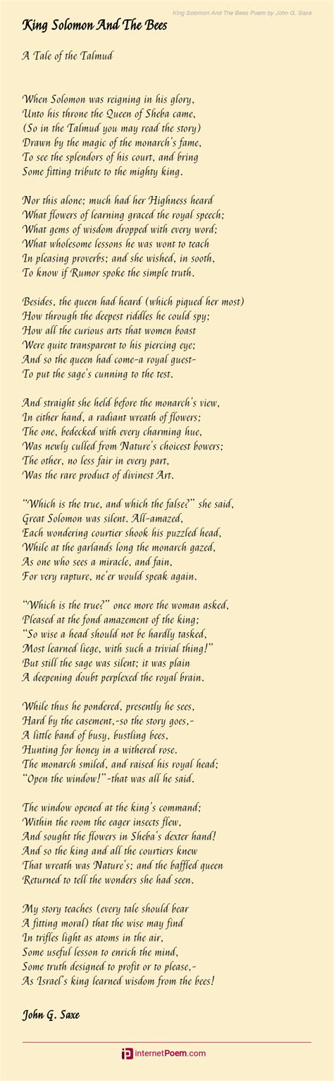 King Solomon And The Bees Poem by John G. Saxe