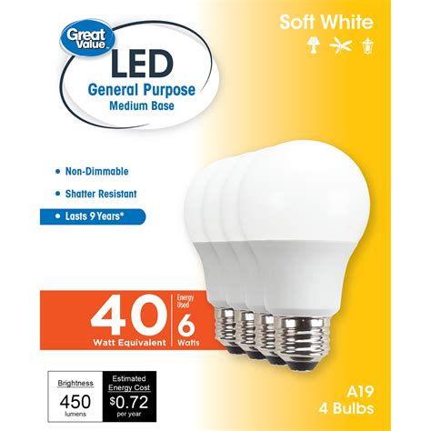 Great Value LED Light Bulb, 6W (40W Equivalent) A19 General Purpose ...