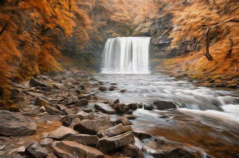 Beautiful woodland stream and waterfall in Fall digital painting Photograph by Matthew Gibson ...