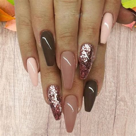 Neutral Beige Brown and Sequence Skinny Coffin Press on Nails Best Selling Trending Nail Design ...