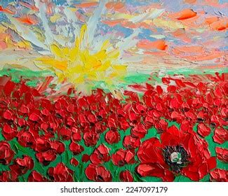 Red Poppy Field Sunset Oil Painting Stock Illustration 2247097179 ...