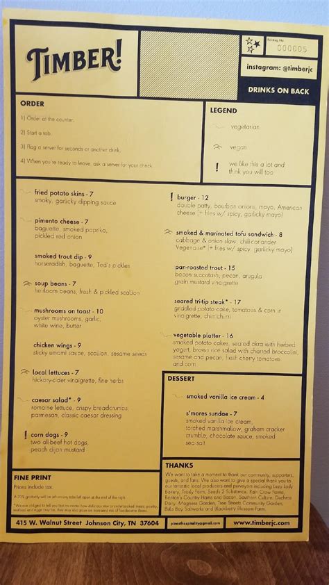 Menu at Timber! pub & bar, Johnson City