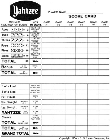 Yahtzee Score Card - 1956