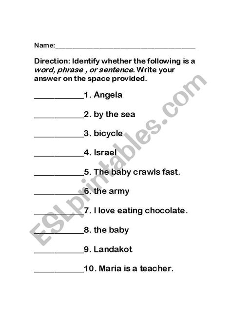 English worksheets: Identifying words, phrase, and sentence