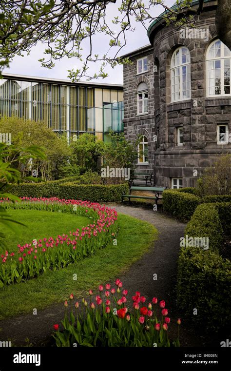 Garden in front of a parliament building, Althingi, Reykjavik, Iceland ...