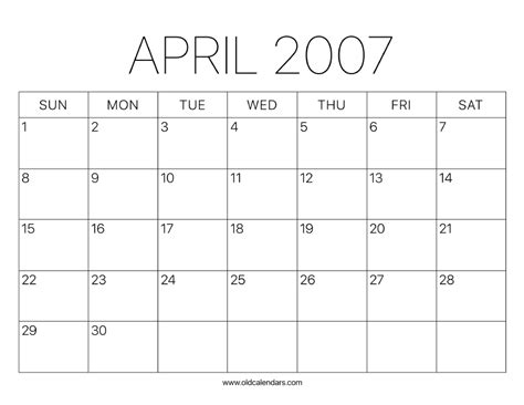 2007 Calendar April – Printable Old Calendars