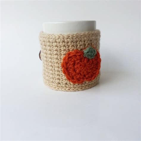 Handmade Coffee Mug Cozy Tan with Pumpkin Applique N2 free image download