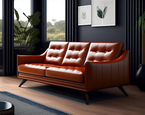 Premium AI Image | A red leather sofa in a living room with a picture ...